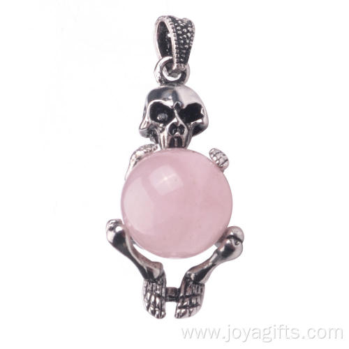 Natural Rose Quartz Silver Skull Pendant Necklace